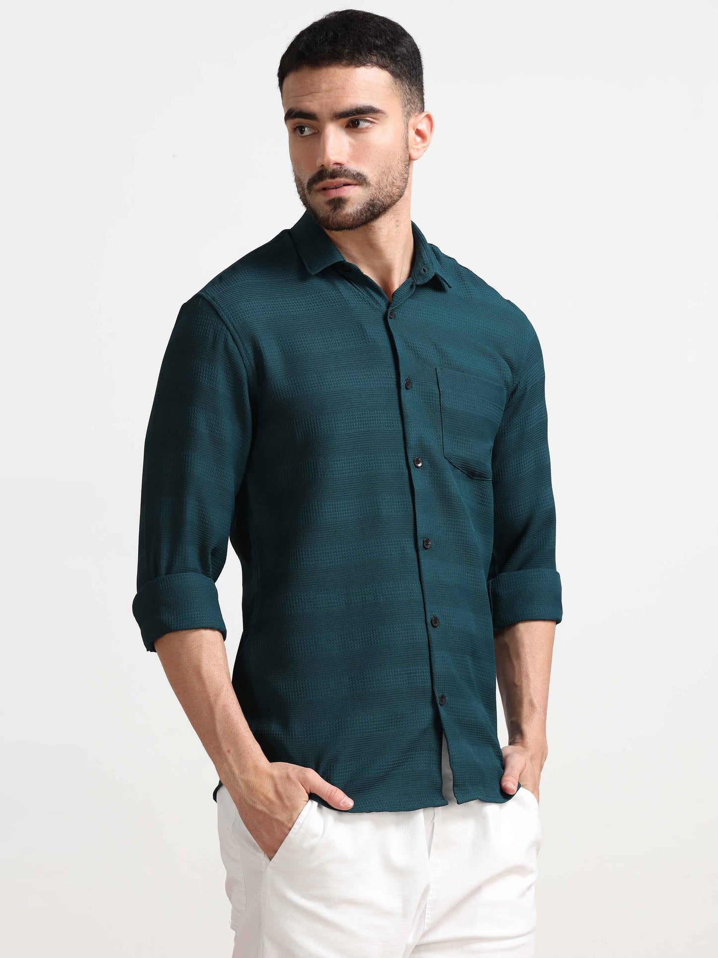 Teal Textured Popcorn Shirt For Men