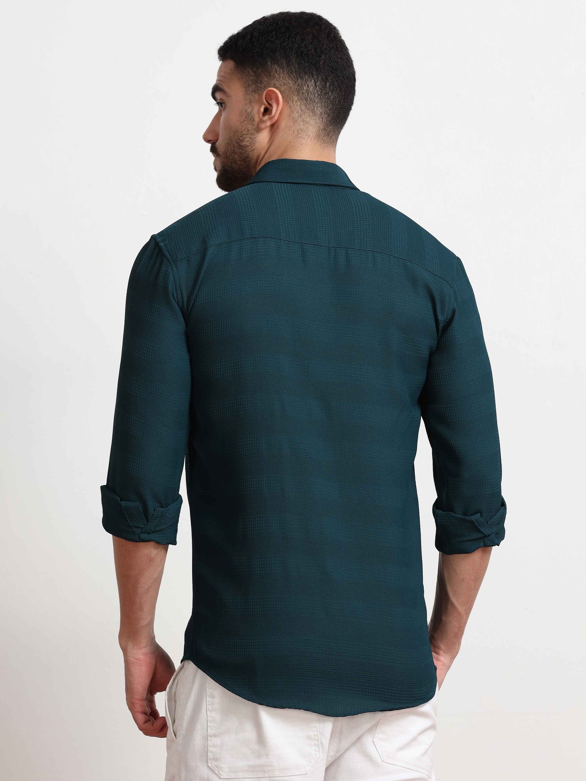 Teal Textured Popcorn Shirt For Men