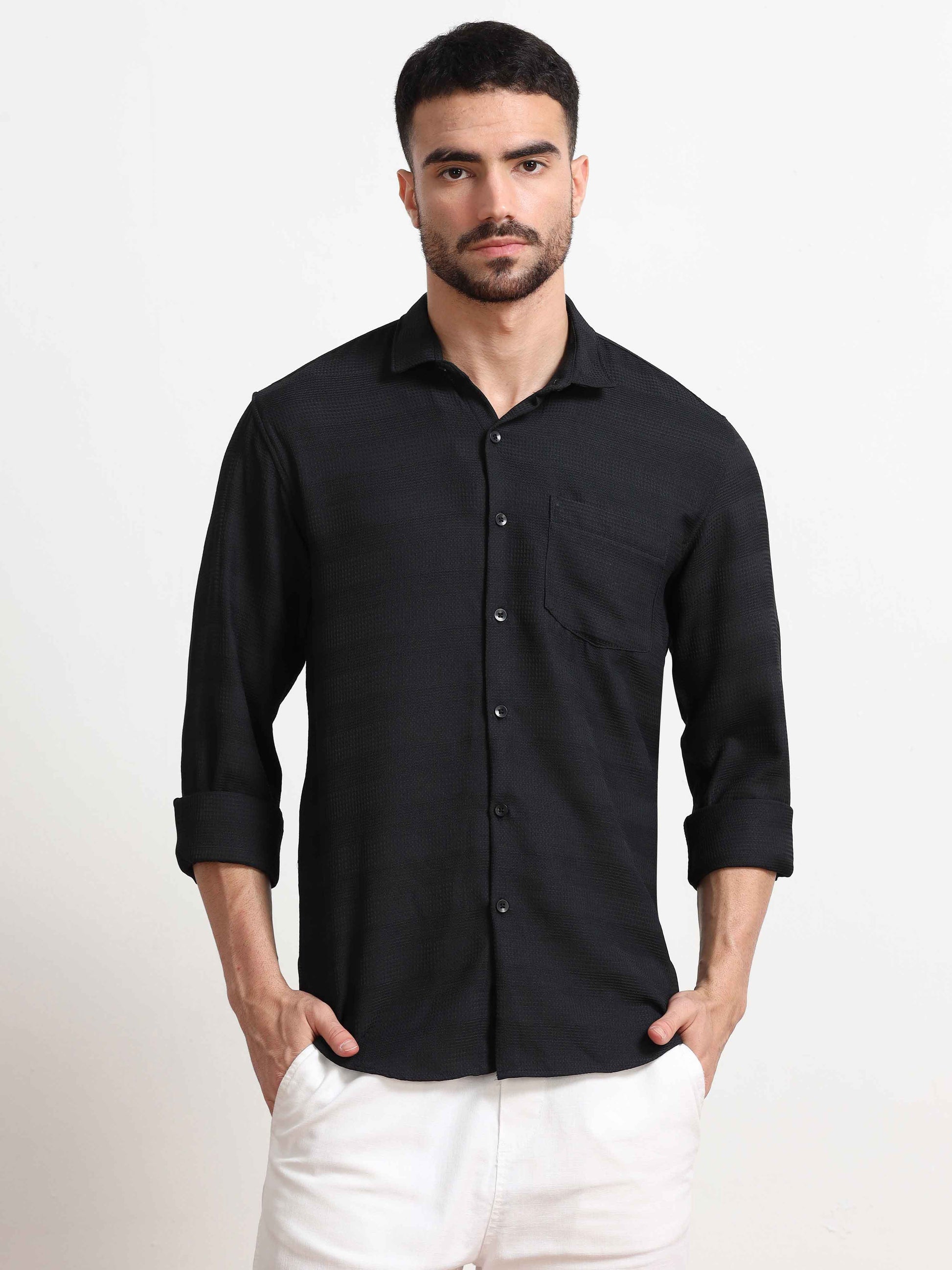 Black Textured Popcorn Shirt For Men