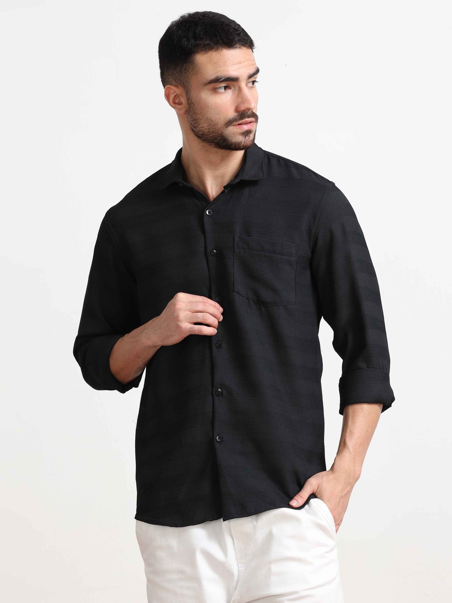 Black Textured Popcorn Shirt For Men