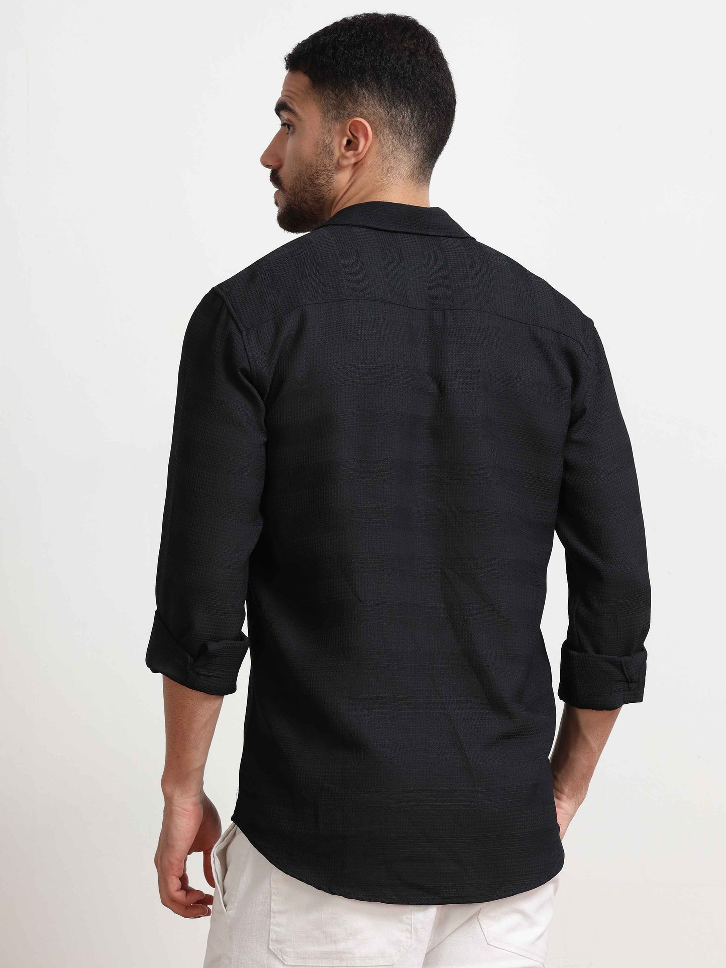 Black Textured Popcorn Shirt For Men