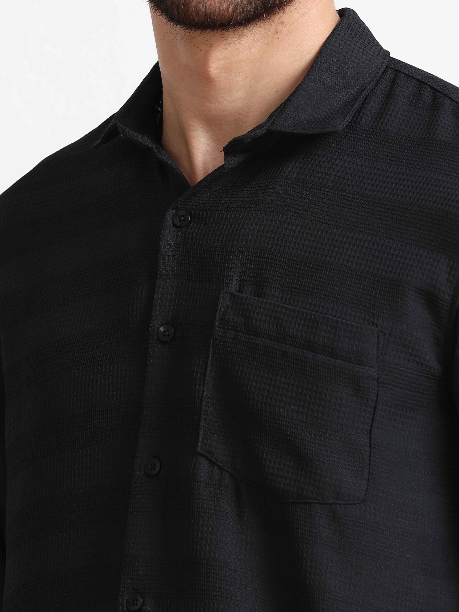 Black Textured Popcorn Shirt For Men